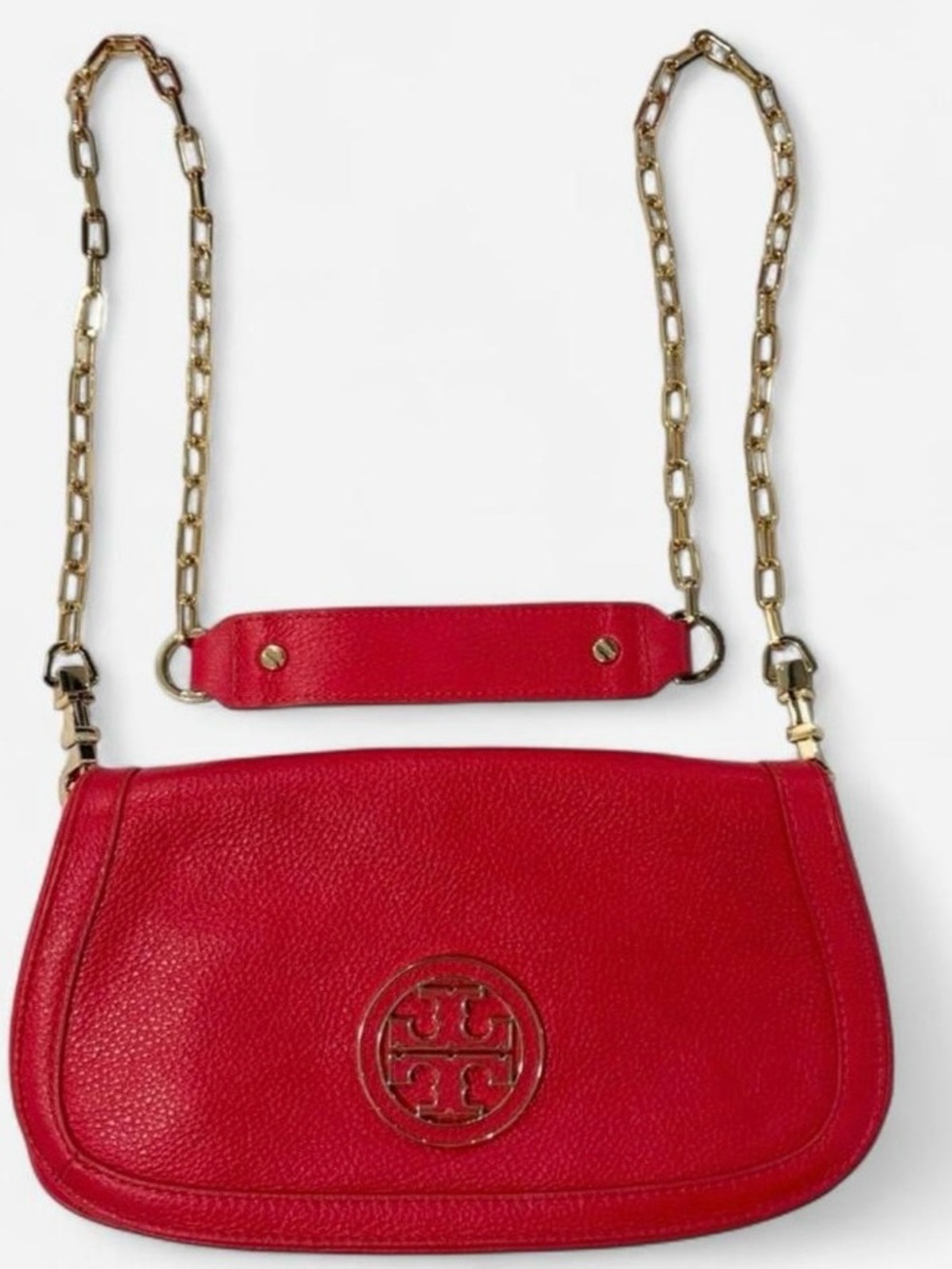 Tory Burch Red Pebbled Leather Shoulder Bag with Gold Chain Strap